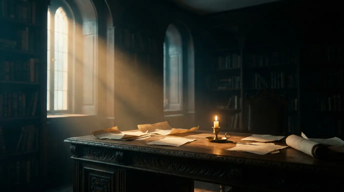 Candlelit antique desk with blank parchment near a window, dust motes in warm light, dark library beyond