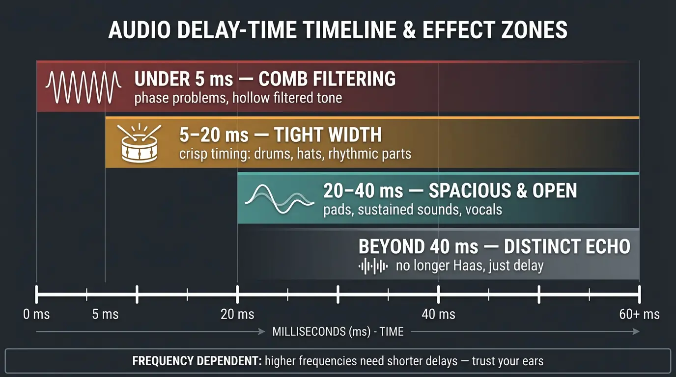 Infographic timeline of Haas delay ranges: under 5ms comb filtering, 5-20ms tight, 20-40ms spacious, 40ms+ echo.