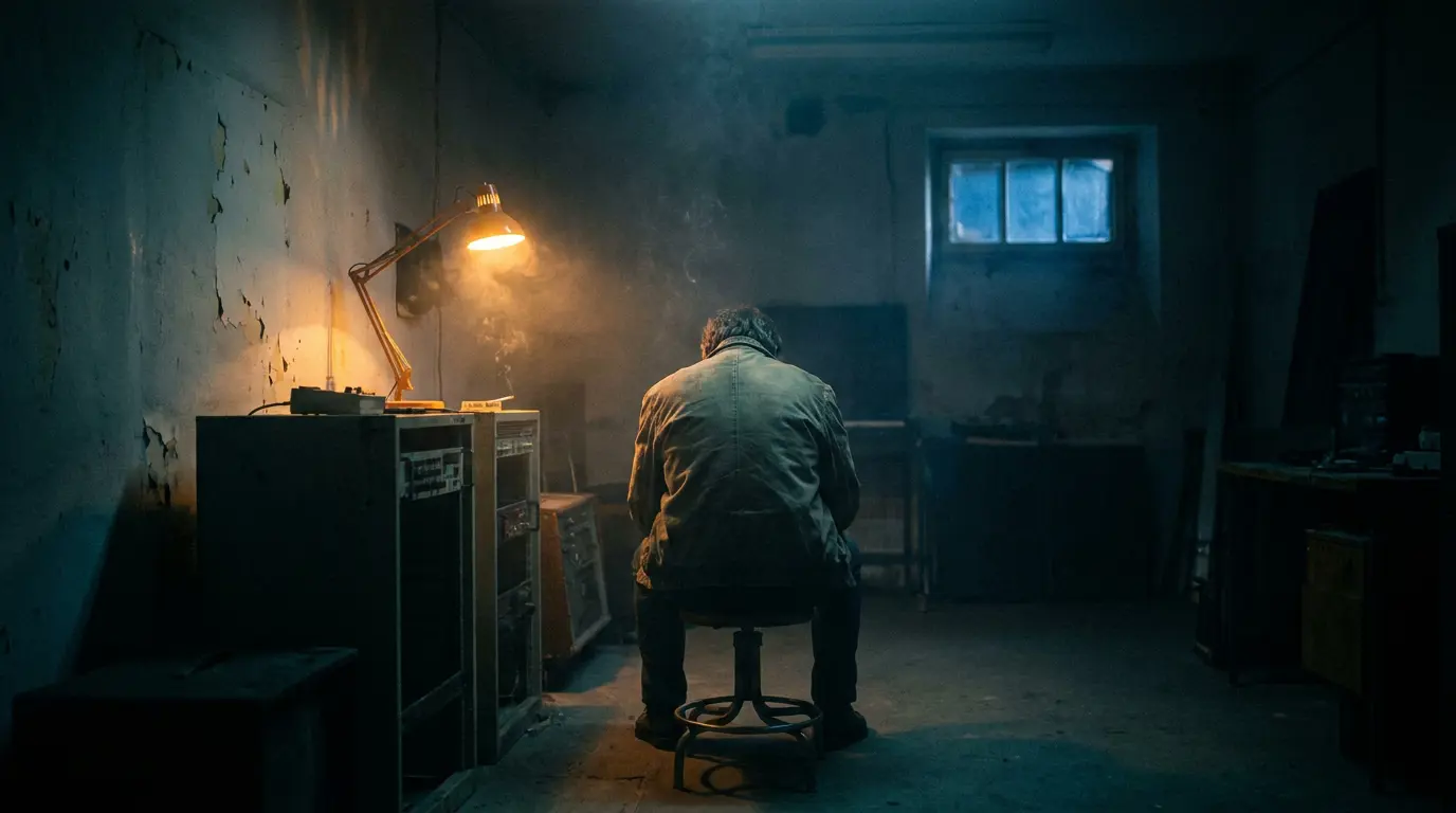 An engineer sits hunched from behind in a smoky, dim studio lit by a warm lamp and cold window light.