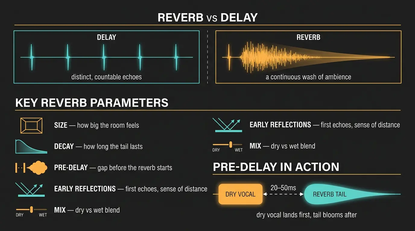 Infographic comparing delay's distinct echoes to reverb's smooth tail, listing 5 reverb parameters and a pre-delay timeline.