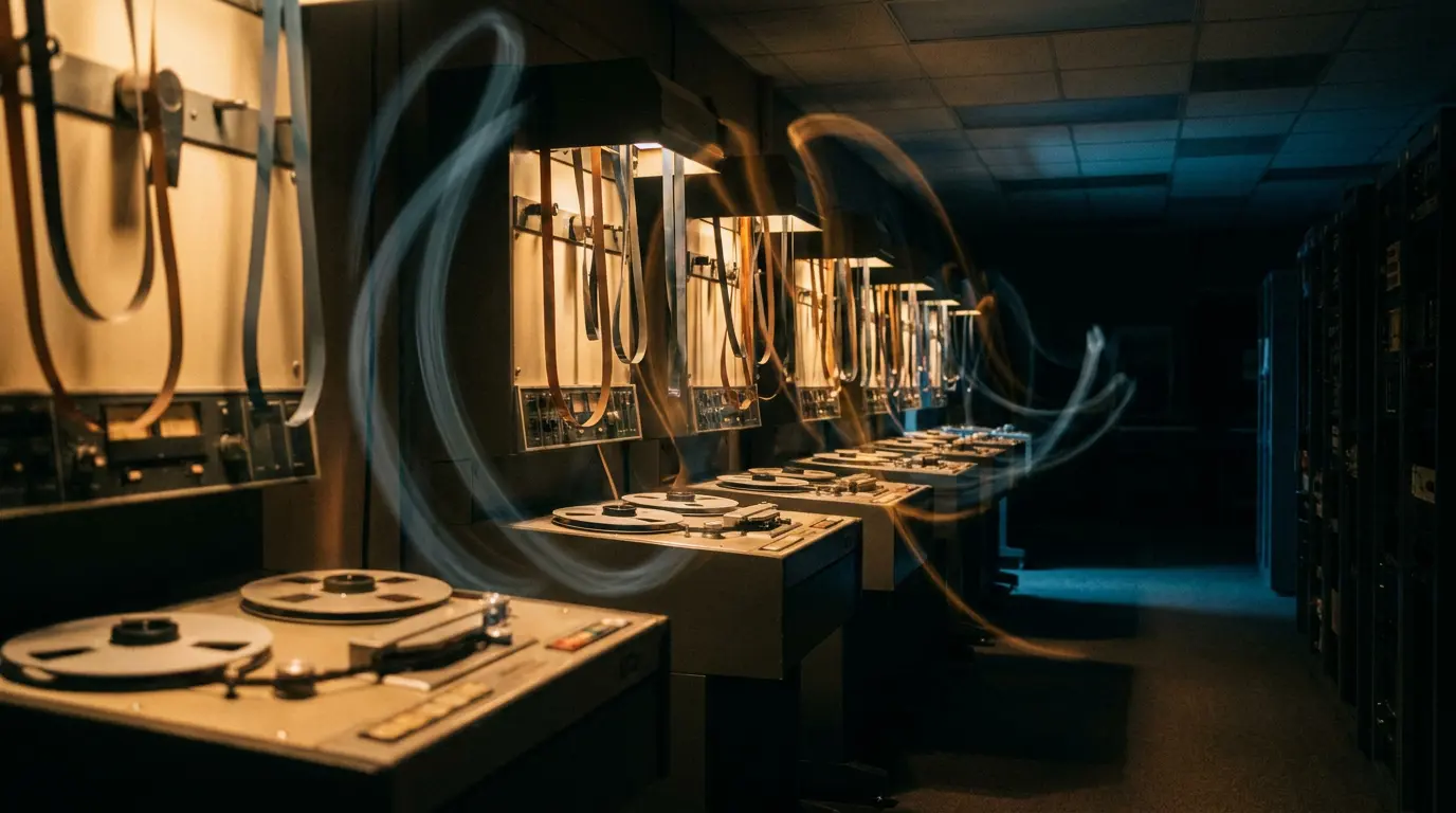 Vintage tape reels receding into darkness with fading warm light echoes and blue-gray shadows in a moody studio.