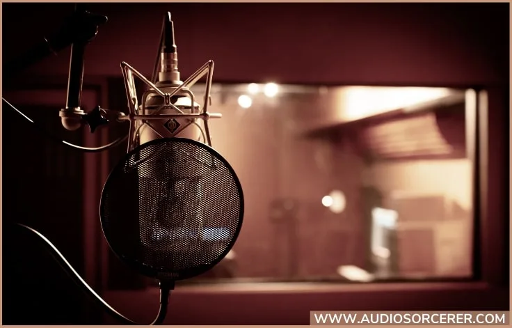 Picture of a condenser microphone in a recording studio.