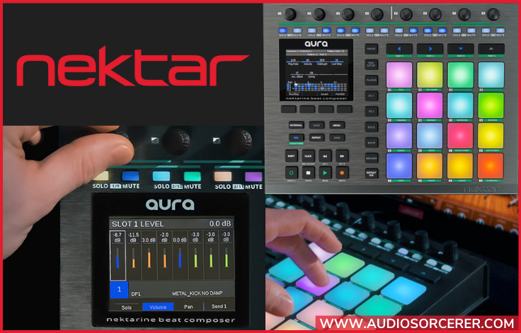 Collage of the Nektar Aura Beat Composer MIDI controller.