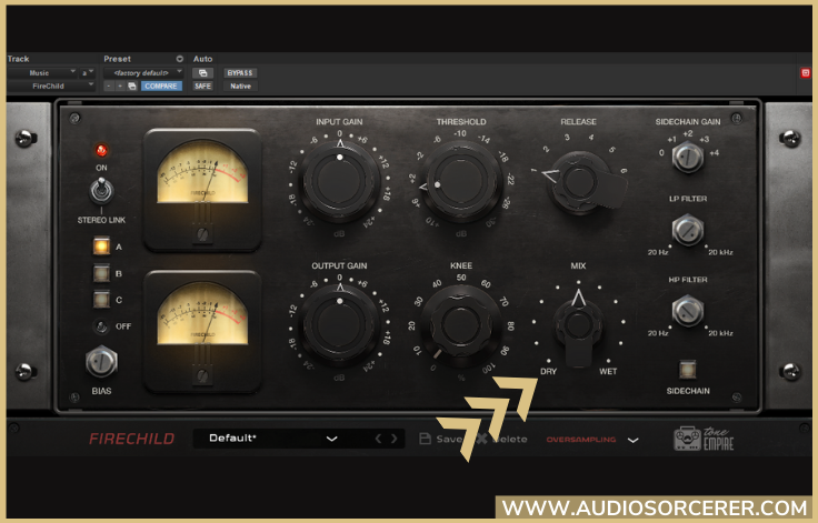 Tone Empire Firechild compressor with an arrow pointing at the mix knob.