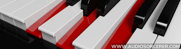 Piano with 3 red notes pressed down representing a chord being played.