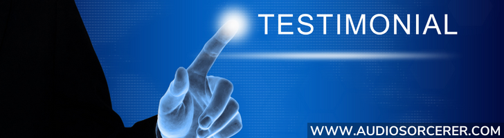 Finger with a light pointing at the word testimonial.