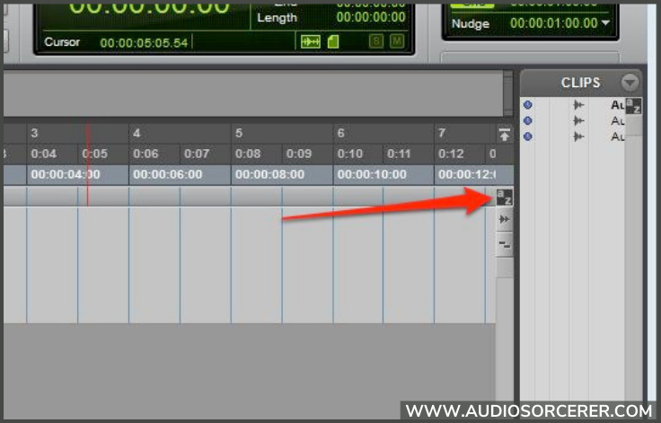 Avid Pro Tools session with a red arrow pointing at the AZ focus button.