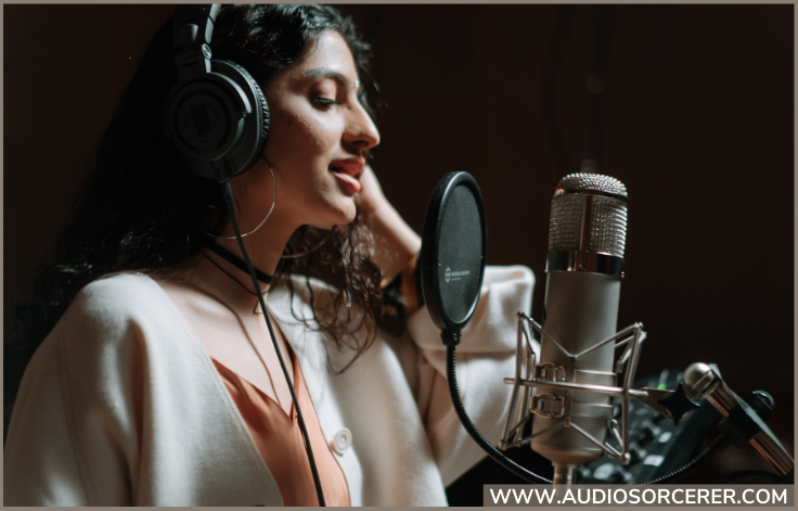 A woman in a recording studio wearing headphones singing into a microphone.