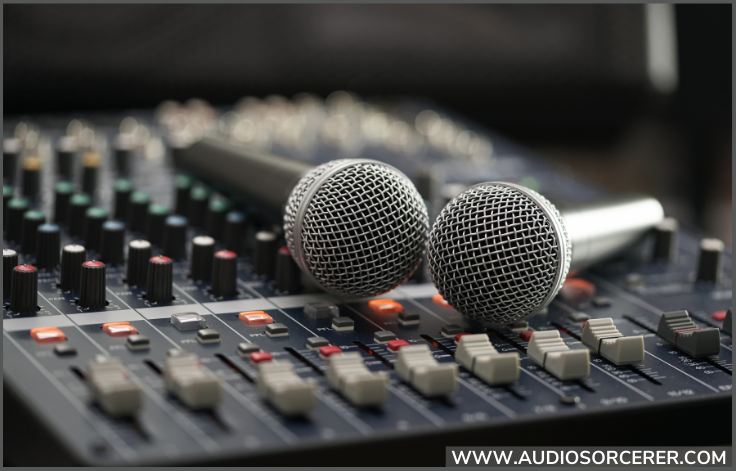 Picture of two Shure SM58 microphones on a mixing board representing stereo recording.