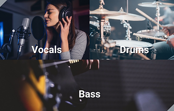 Picture of a singer, drummer, and a bass player representing music stems.