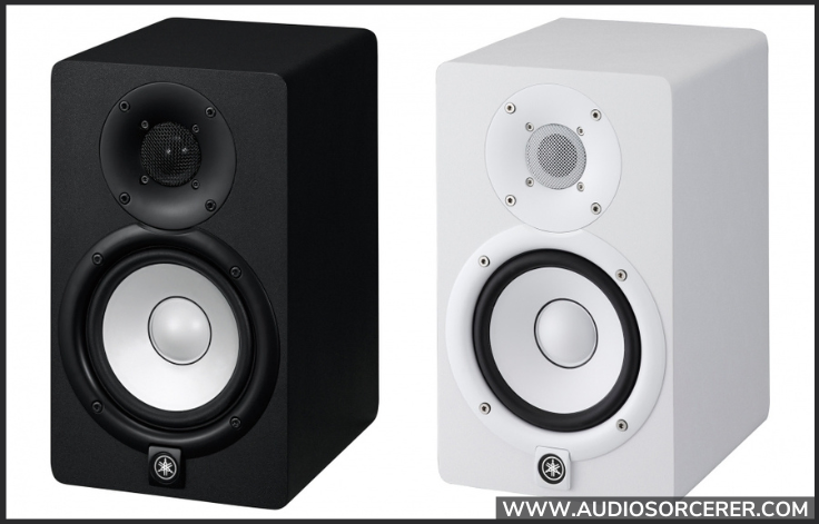 Yamaha HS5 5-inch powered studio monitors in both black and white colors.
