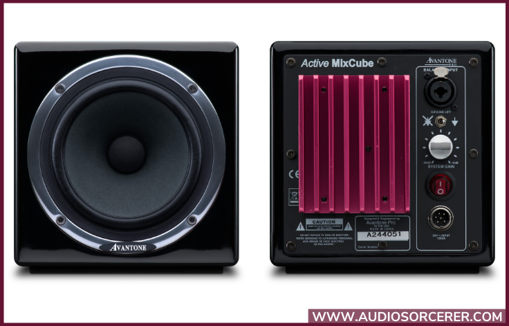 Front and back view of the Avantone Pro Active MixCubes 5.25 inch powered studio monitors.