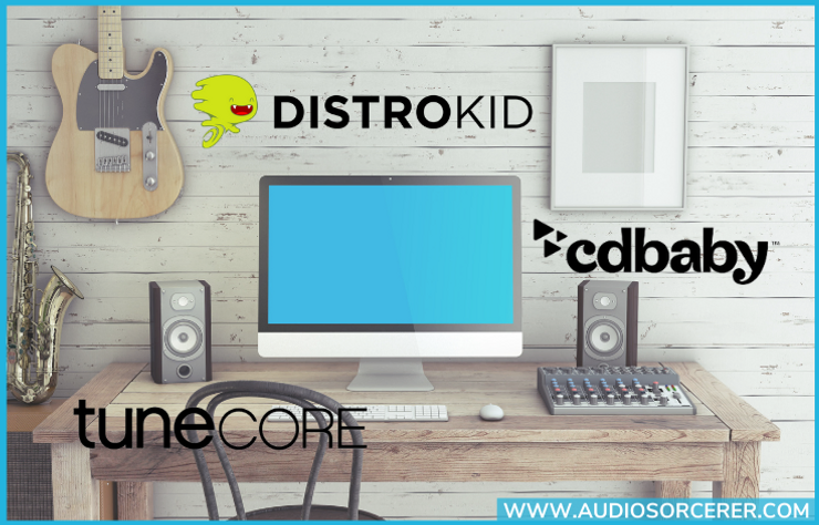 Home studio with the Distrokid, CdBaby, and TuneCore logos on top of it.