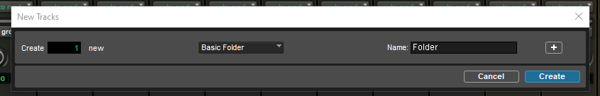 Avid Pro Tools new tracks window showing an option to create a basic folder track.