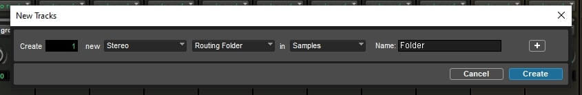 Avid Pro Tools new tracks window showing an option to create a routing folder track.