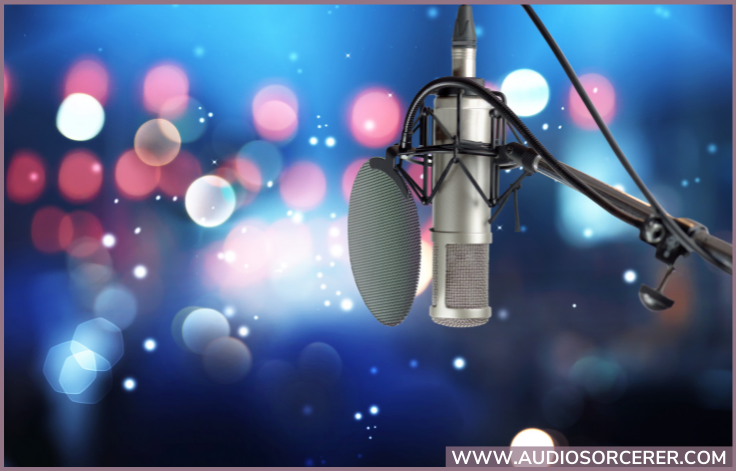 Microphone on a stand with a metal pop filter in front of it.