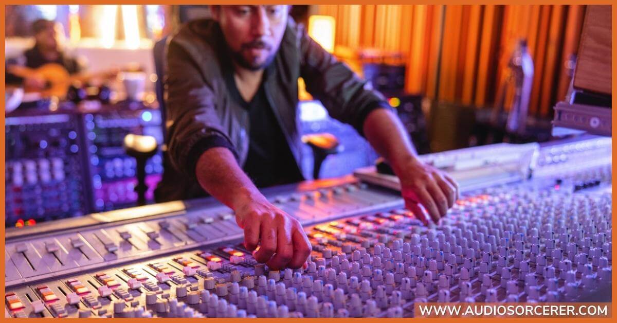 Audio engineer adjusting knobs on a mixing console.