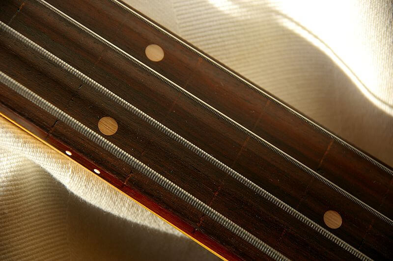Closeup of Flatwound strings on a guitar.
