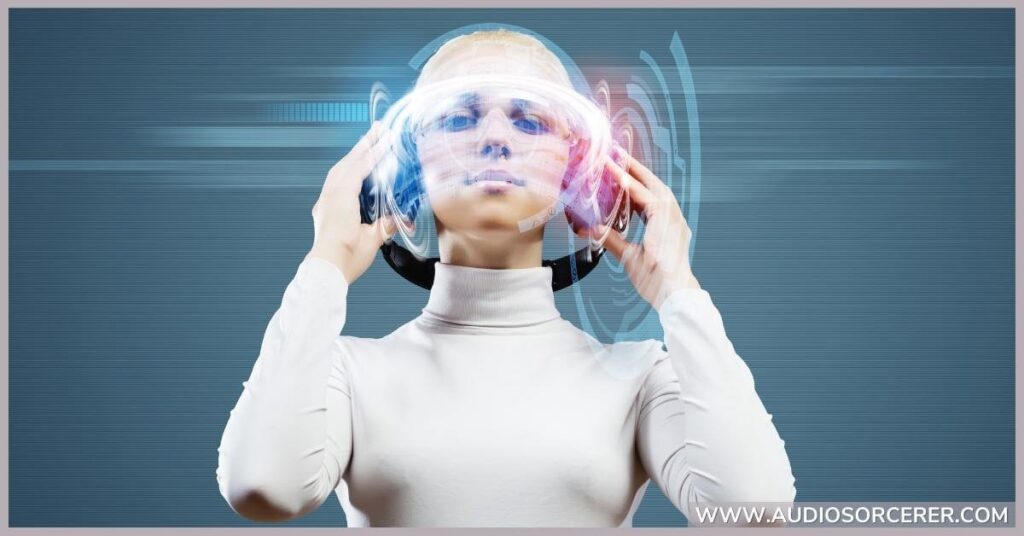 Lady wearing headphones with soundwaves coming out.