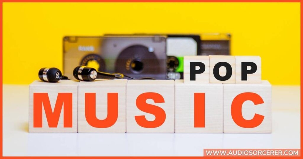 Ear buds, cassette tapes, and text saying pop music representing the Ionian mode in music.