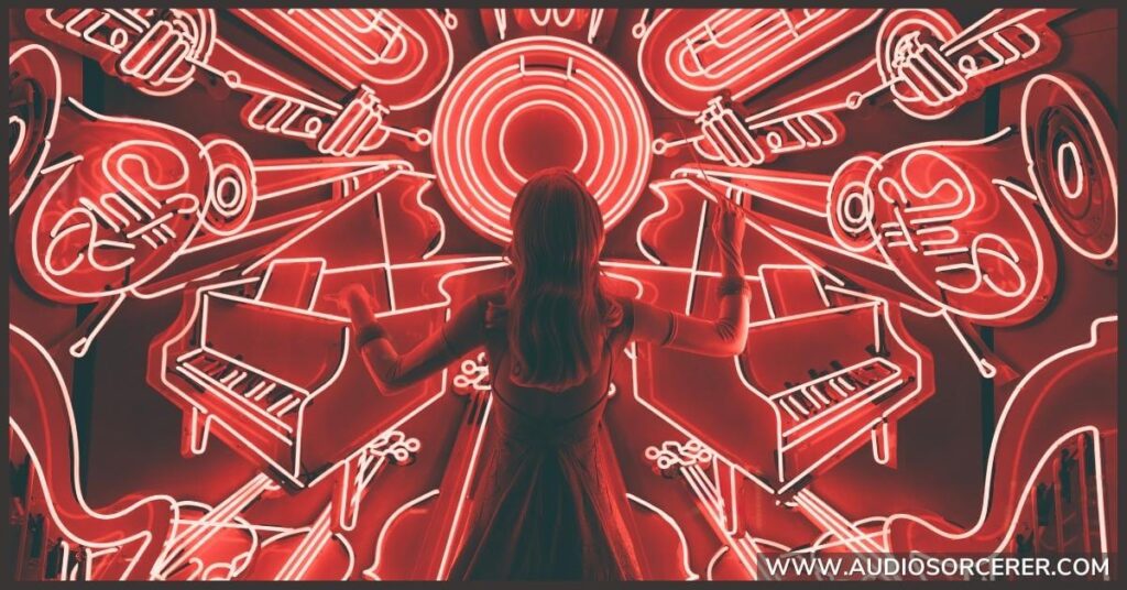 A women conducting a cinematic score with neon instruments representing the Lydian mode in music.