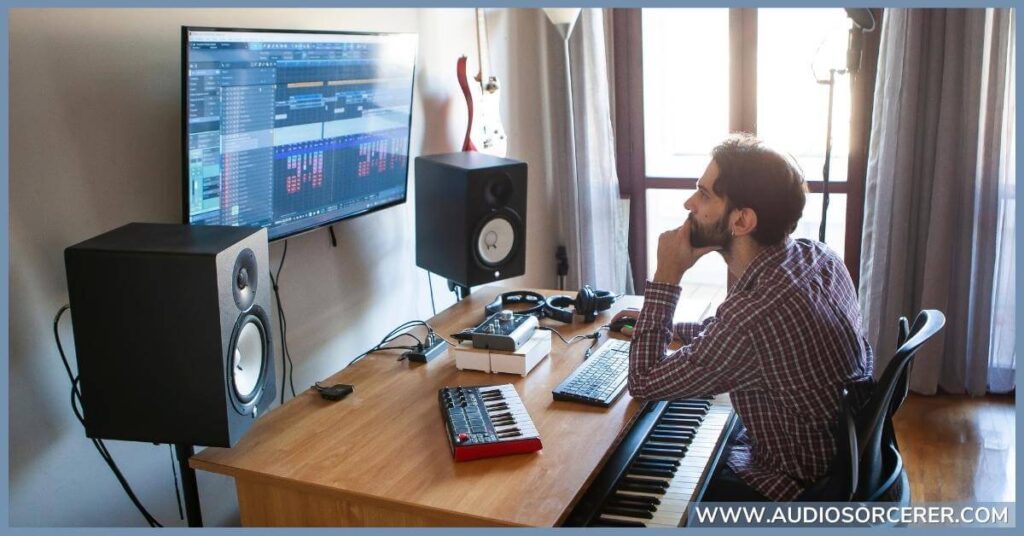 Audio engineer in a studio preparing a mix for mastering.