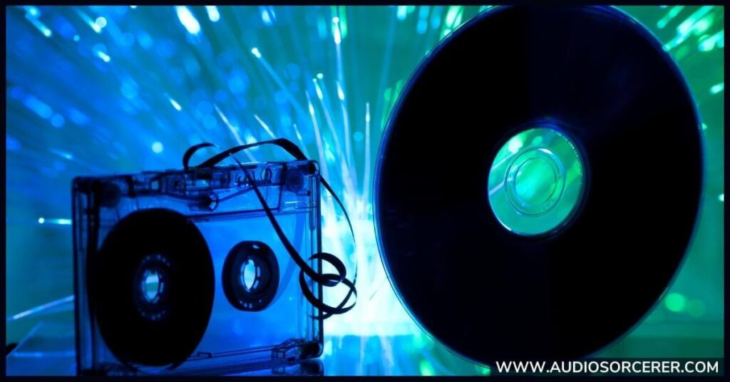 A cassette and a CD representing the post vinyl era of music.