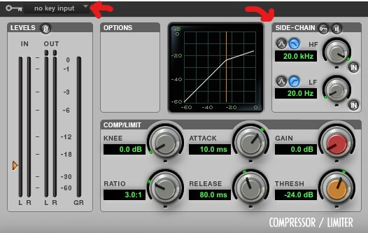 Pro Tools compressor highlighting the key input and sidechain compression.