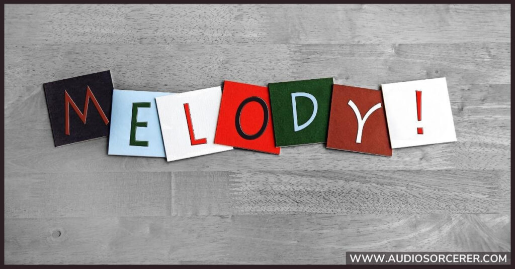 The word melody spelled out in different colors representing homophonic texture.