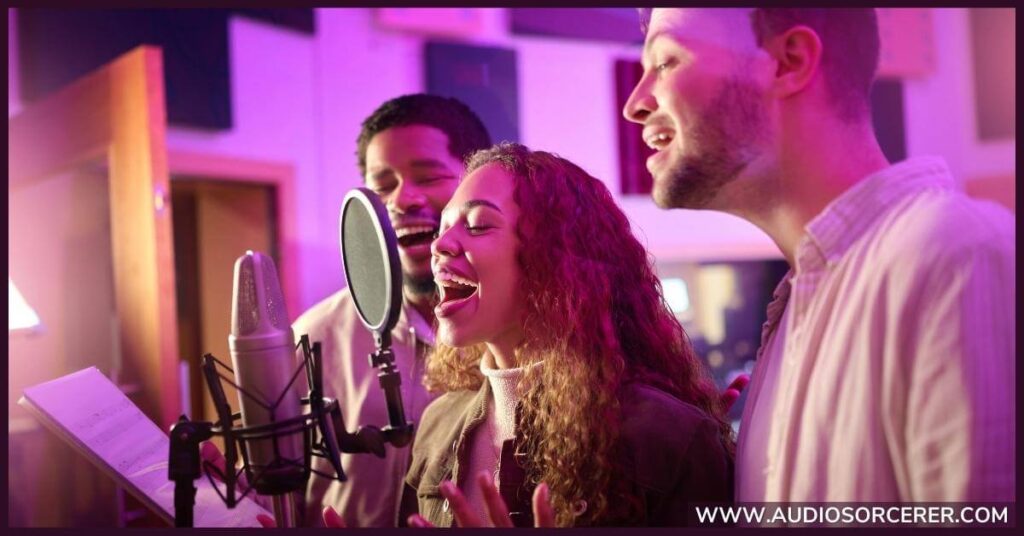 A group of 3 people singing representing homorhythmic texture.