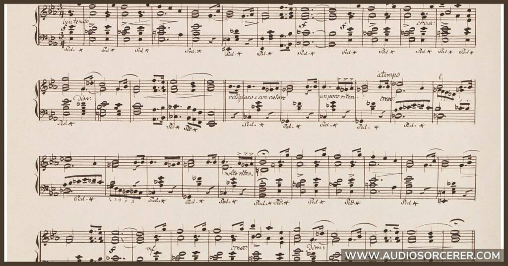 Sheet music representing different textures in music.