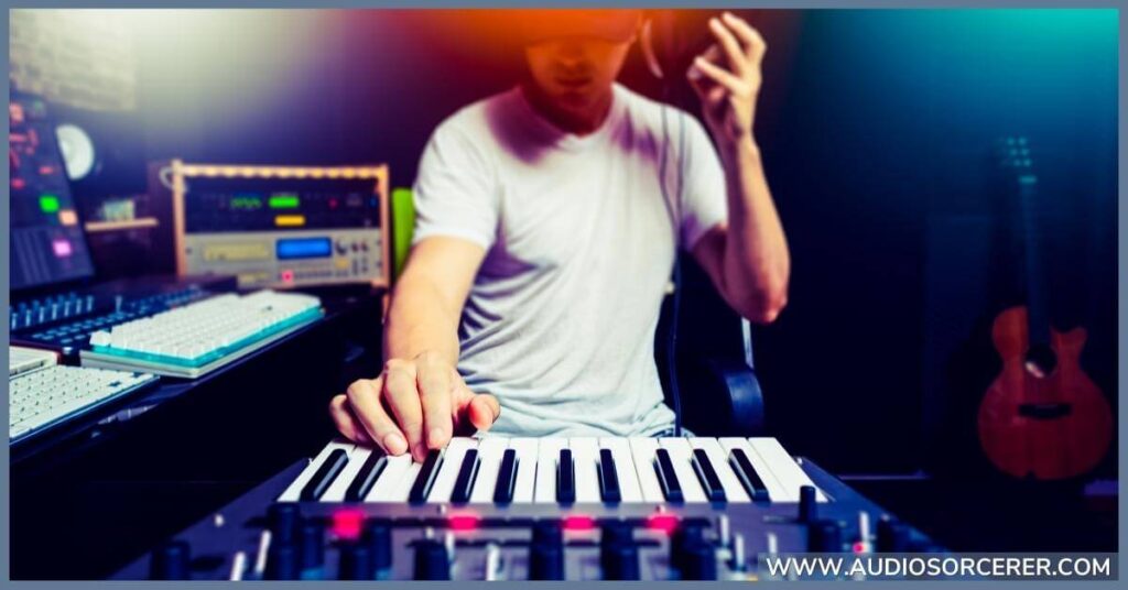 A man creating electronic music in a studio.