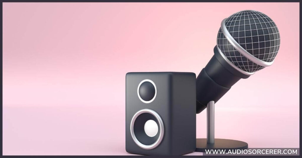A microphone next to an audio speaker representing feedback.