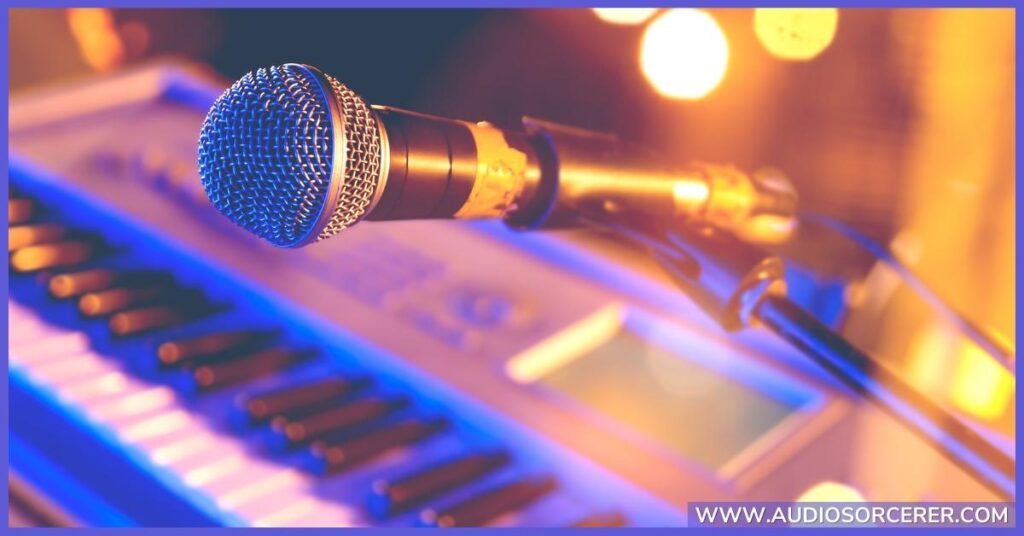 Shure SM58 microphone on a stand above a keyboard.