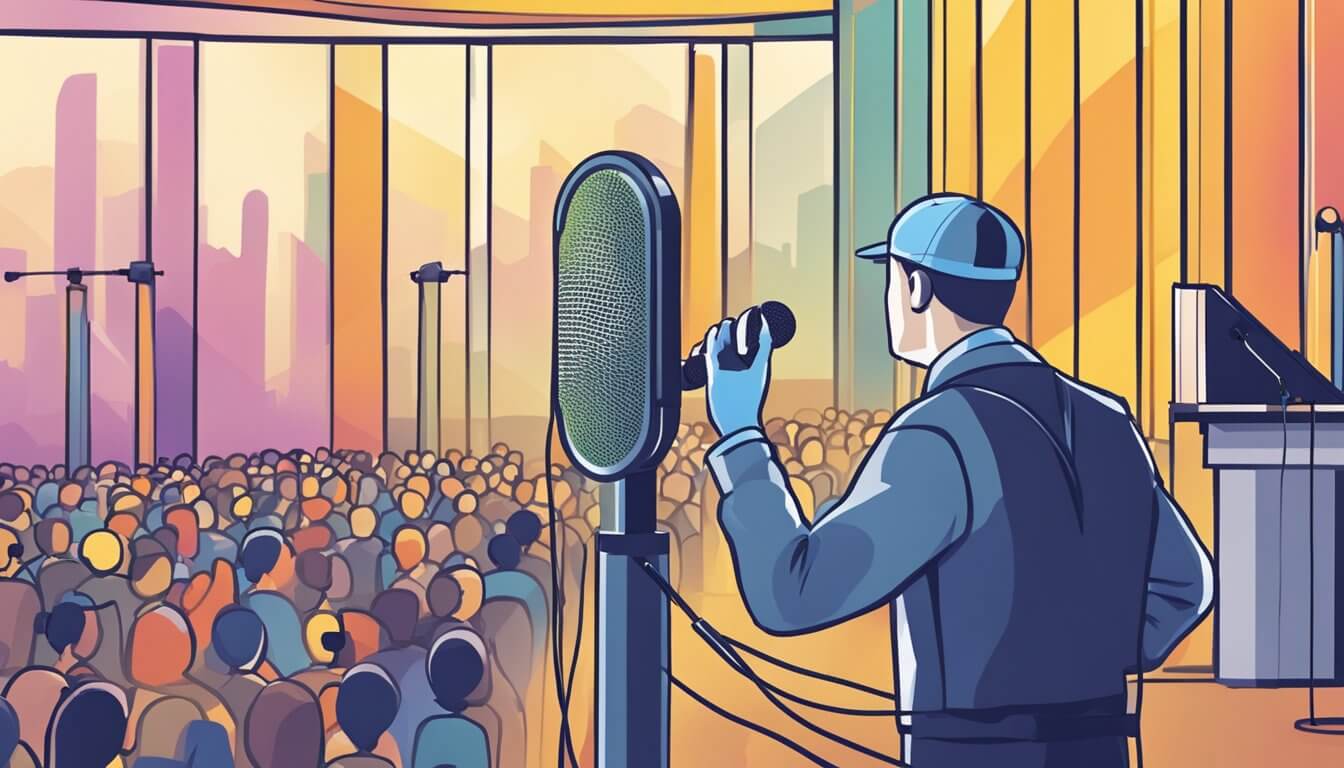 Illustration of a man on the stage holding a microphone talking to the audience.
