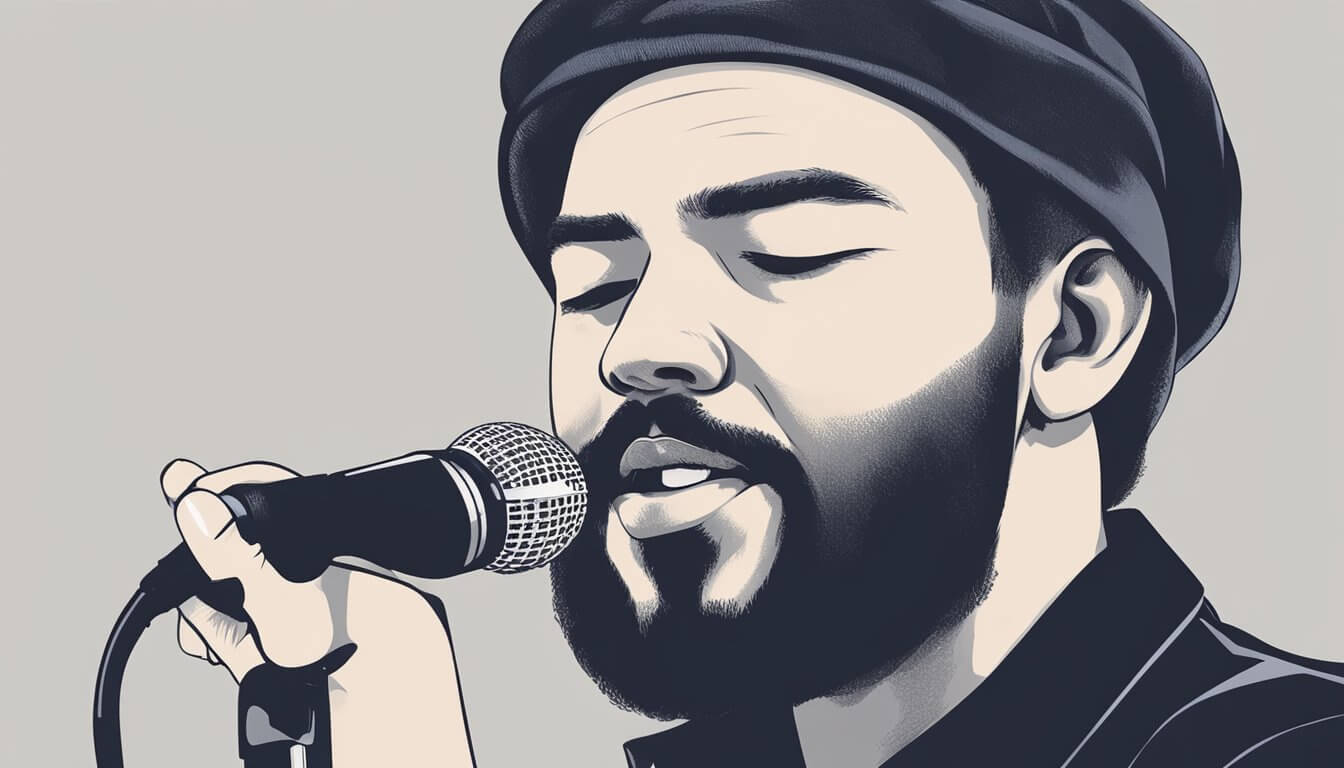 Illustration of a closeup of a man singing into a Shure SM58 microphone.