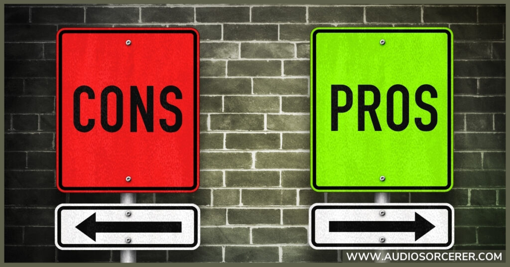 Pros and Cons signs with arrows beneath them in front of a brick wall.