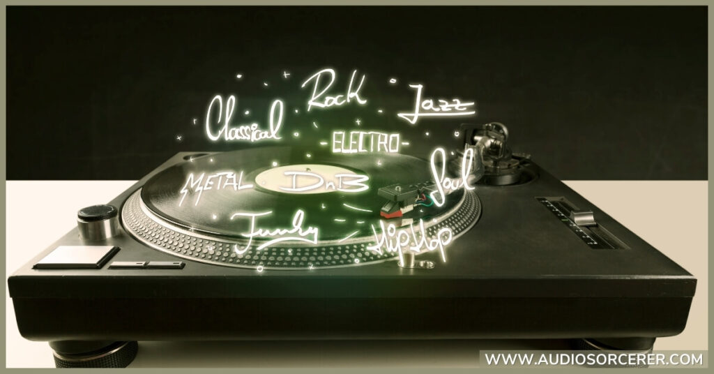 A record player showing the genres of Classical, Rock, Electro, Jazz, Metal, DnB, Soul, Funk, and Hop Hop on it.