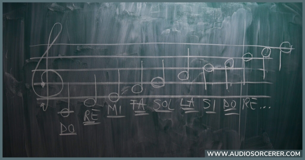 Musical scale written out on a chalk board.