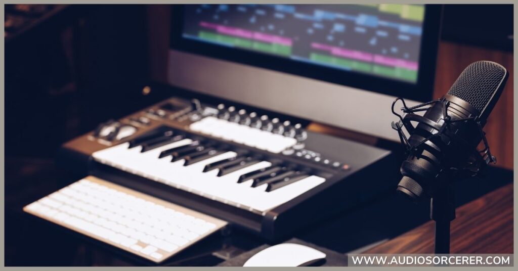 Microphone, keyboard, and computer in a small recording studio.