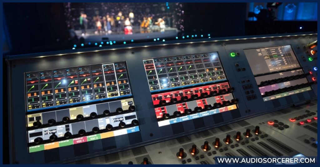 live sound board at FOH with a band in the background.