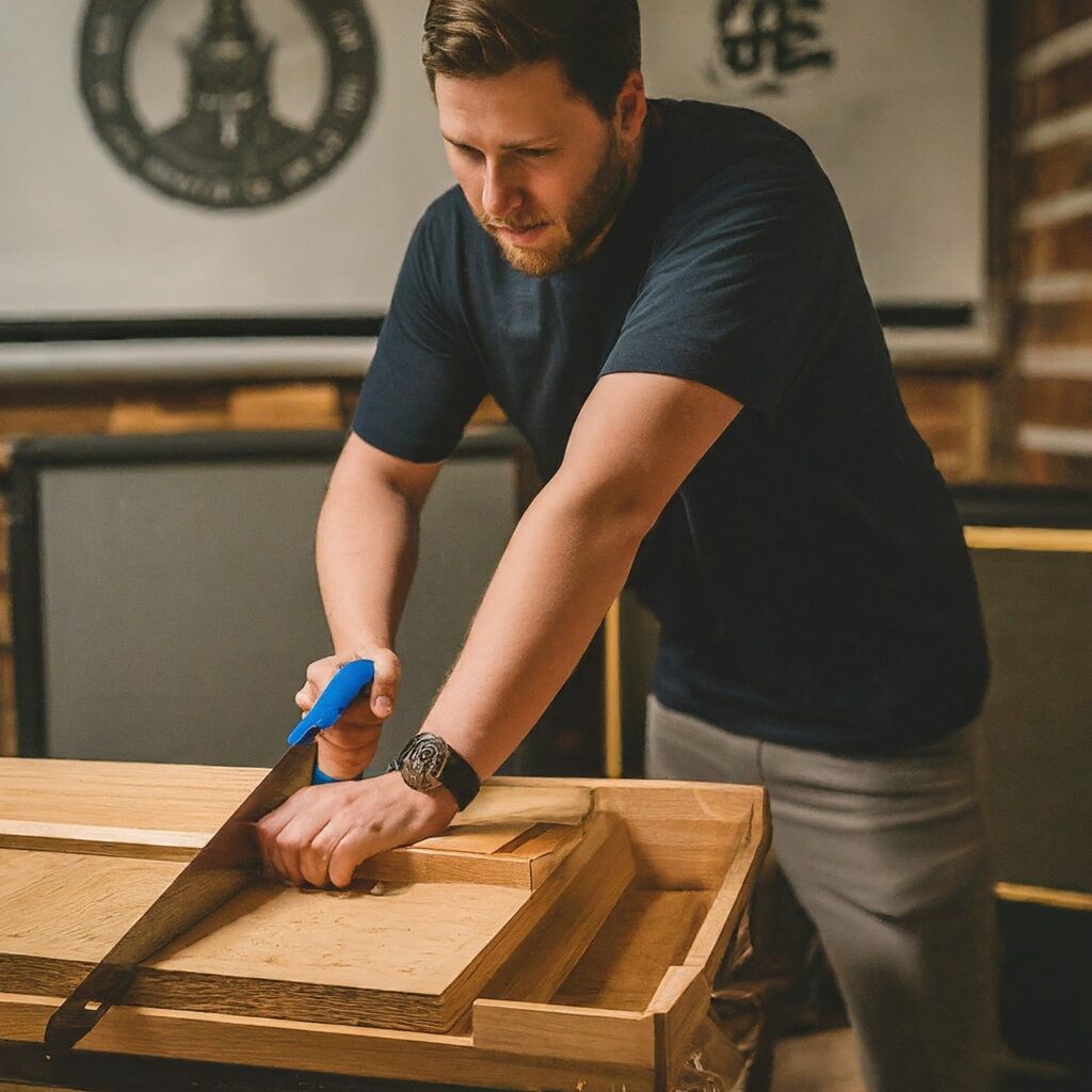 A man sawing a piece of wood to create a bass trap.