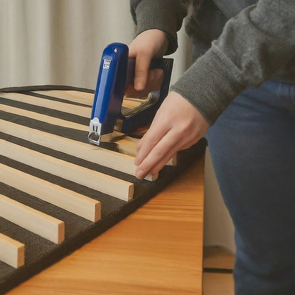 Man stapling fabric to a diy bass trap.