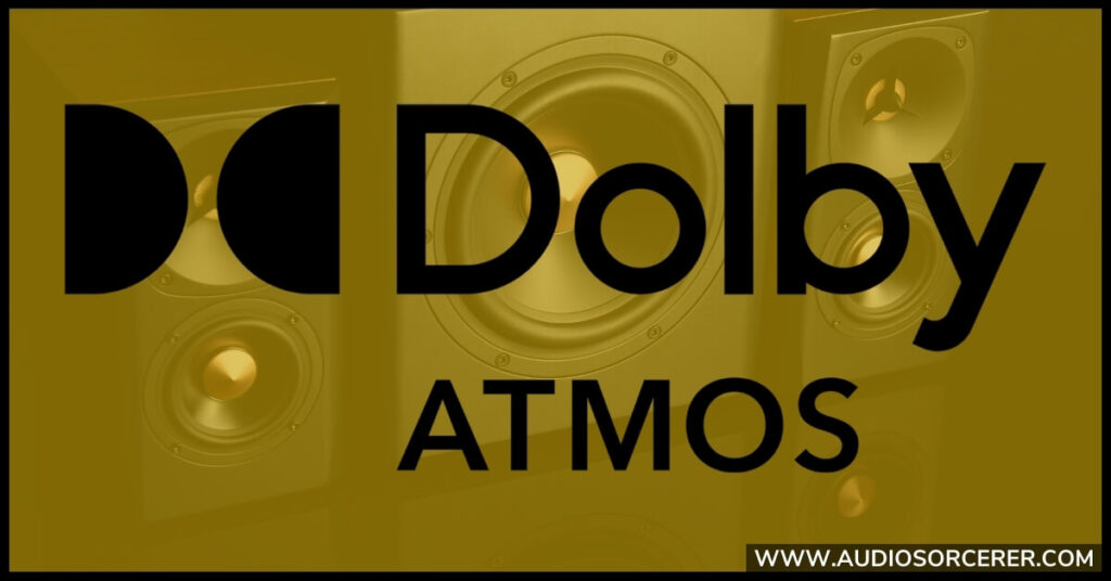 Dolby Atmos logo with speakers in the background.