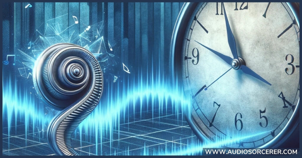 A clock with an audio waveform representing audio latency.