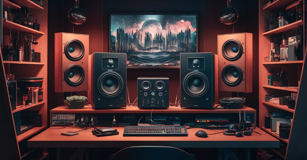 Several sets of studio monitors on a desk representing stereo imaging.