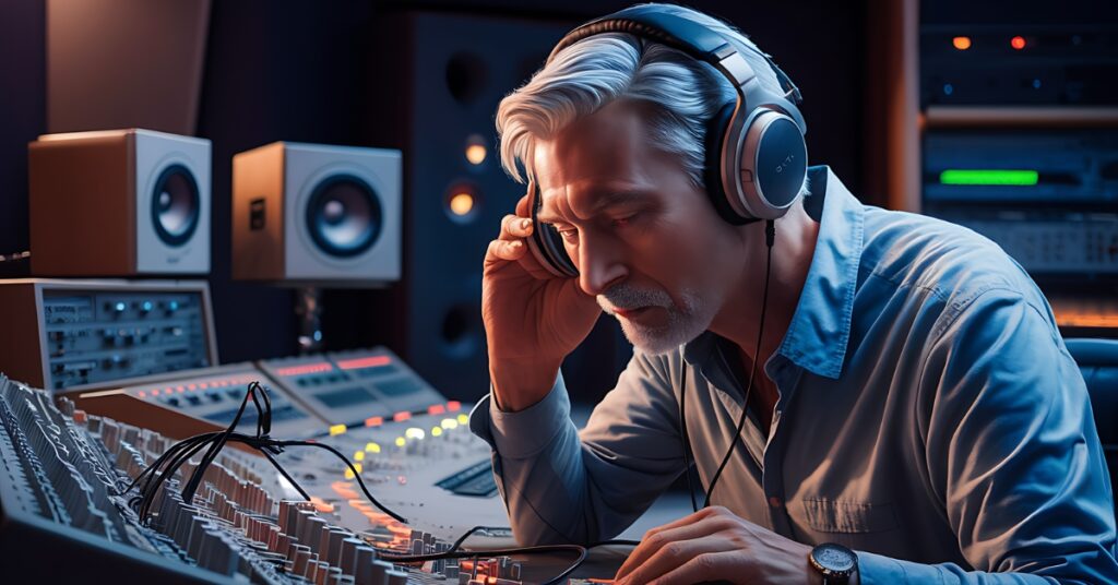Audio engineer critically listening to the stereo image of a mix in the studio.
