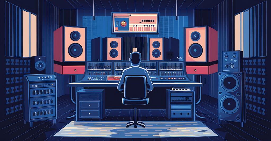 Illustration of an audio engineer in a recording studio.