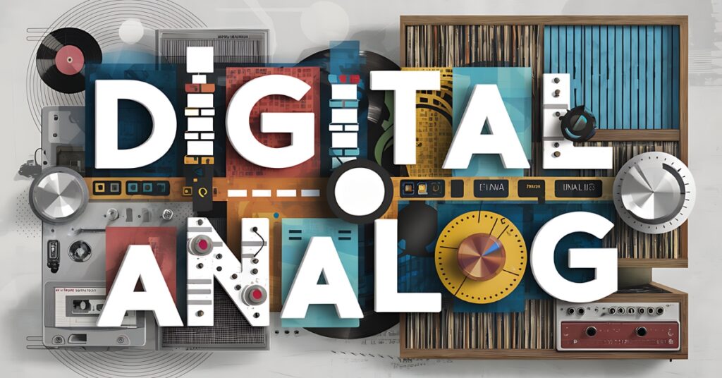 Abstract illustration with the words Digital and Analog in it.