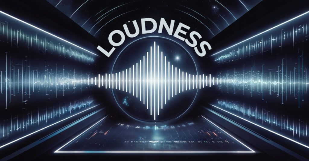 Audio waveform with the word loudness over top of it representing mastering for streaming.